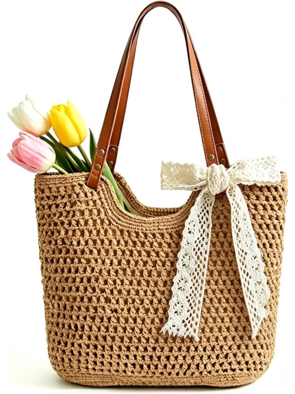 Crochet Beach Bag for Women, Boho Summer Tote with Zipper & Leak-Proof Lining, L